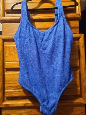 Woman Blue Textured One-Piece Swimsuit